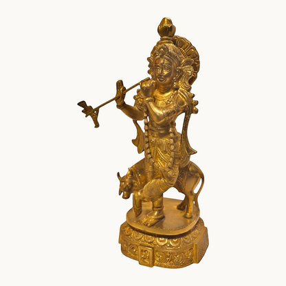 Brass Krishna With Cow Statue – Lord Krishna & Sacred Cow | Thar Arts & Furniture