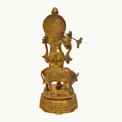 Brass Krishna With Cow Statue – Lord Krishna & Sacred Cow | Thar Arts & Furniture