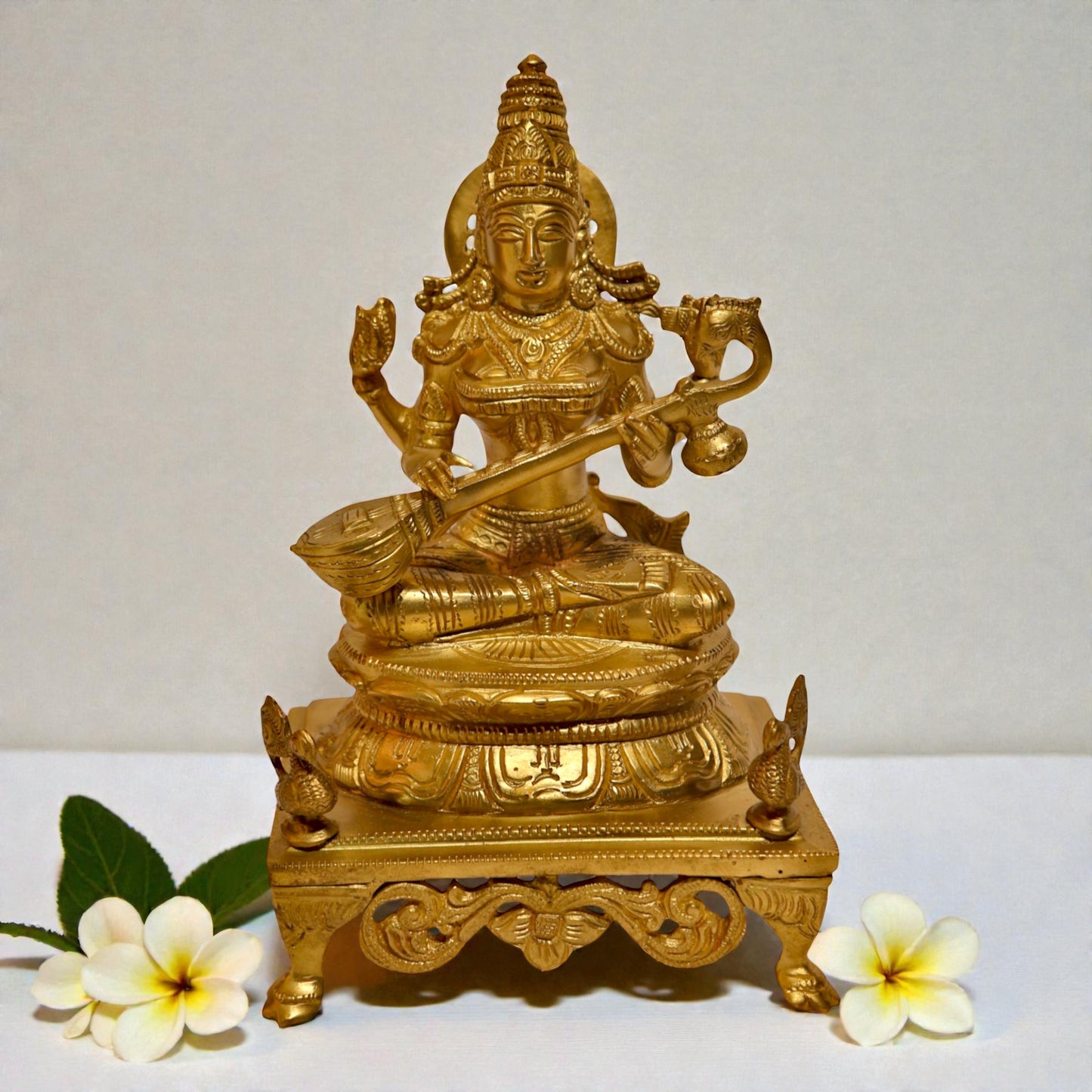 Brass Goddess Saraswati With Chowki – Spiritual Saraswati Idol | Thar Arts & Furniture