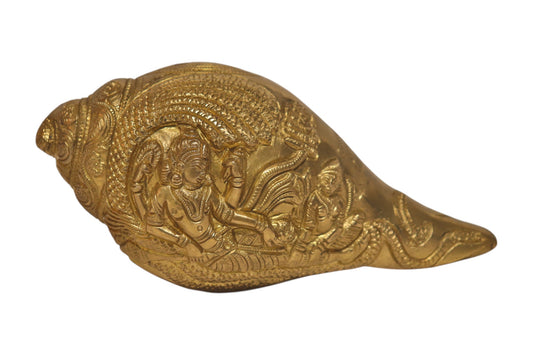 Handcrafted Brass Sheshshayi Vishnu Conch – Intricately Etched Lord Vishnu Reclining on Sheshnaag for Spiritual Decor, Home, and Pooja