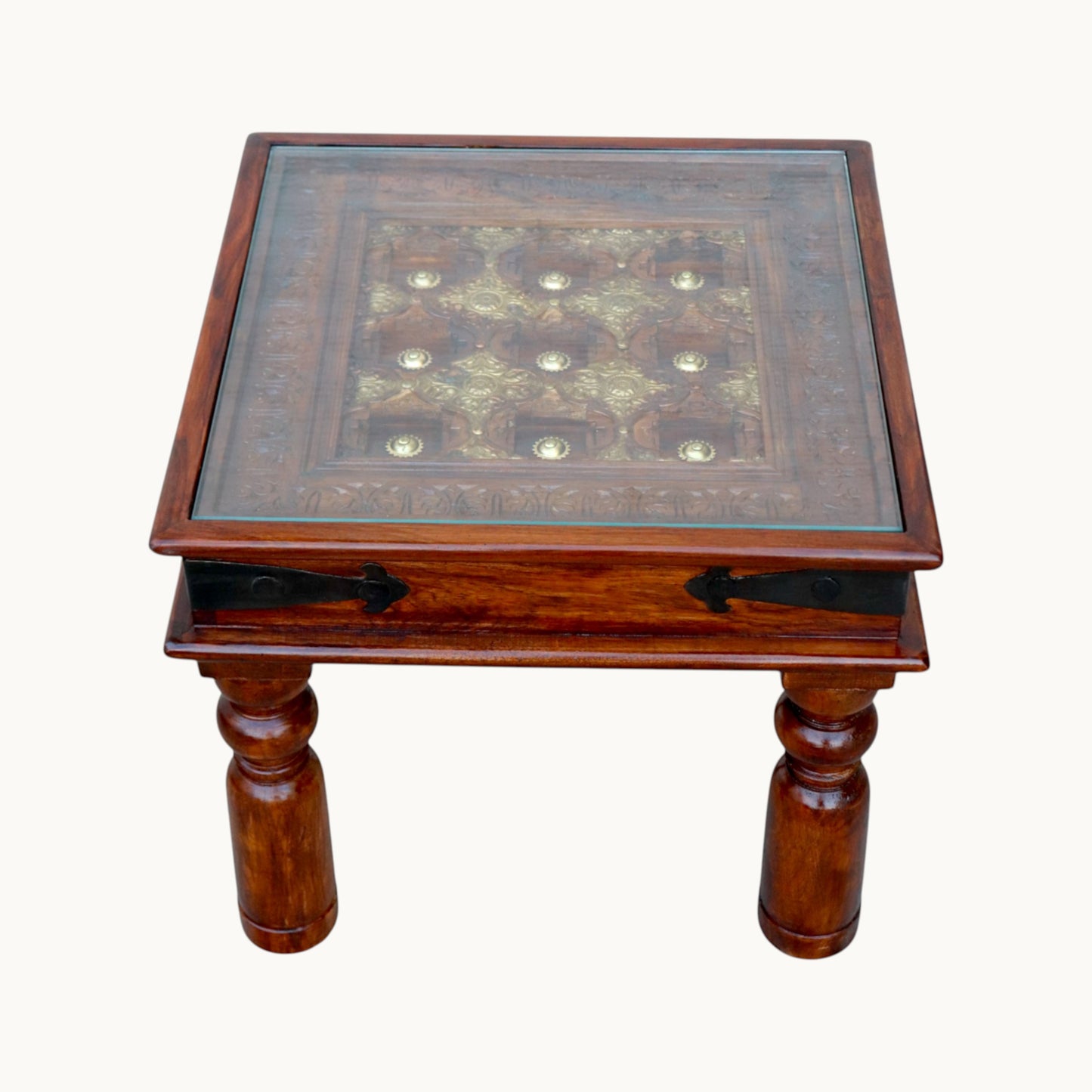 Thar Arts And Furniture - Solid Sheesham Wood Side Table with Brass Art and finish