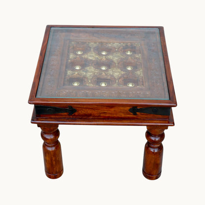 Thar Arts And Furniture - Solid Sheesham Wood Side Table with Brass Art and finish
