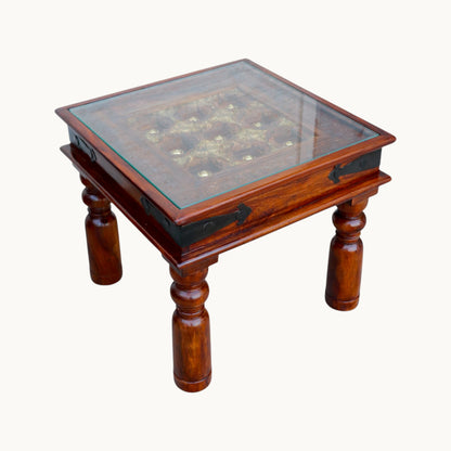 Thar Arts And Furniture - Solid Sheesham Wood Side Table with Brass Art and finish