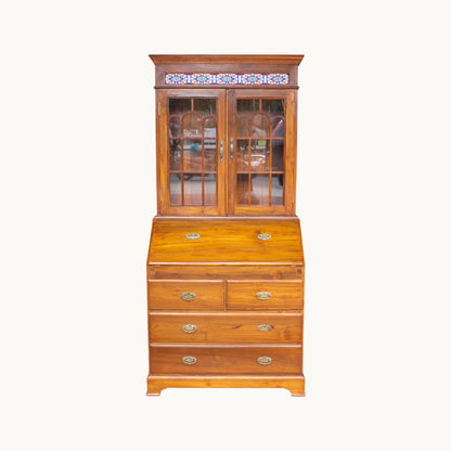 Thar Arts And Furniture - Solid Teak Wood Foldable Writing / Study Table with Storage Drawers and Glass Cabinet