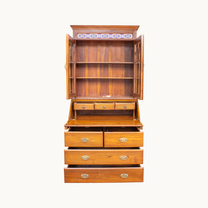 Thar Arts And Furniture - Solid Teak Wood Foldable Writing / Study Table with Storage Drawers and Glass Cabinet