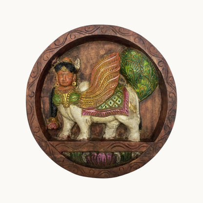 Thar Arts And Furniture - Wooden wall hanging Kamdhenu round plate