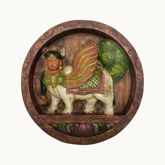 Thar Arts And Furniture - Wooden wall hanging Kamdhenu round plate