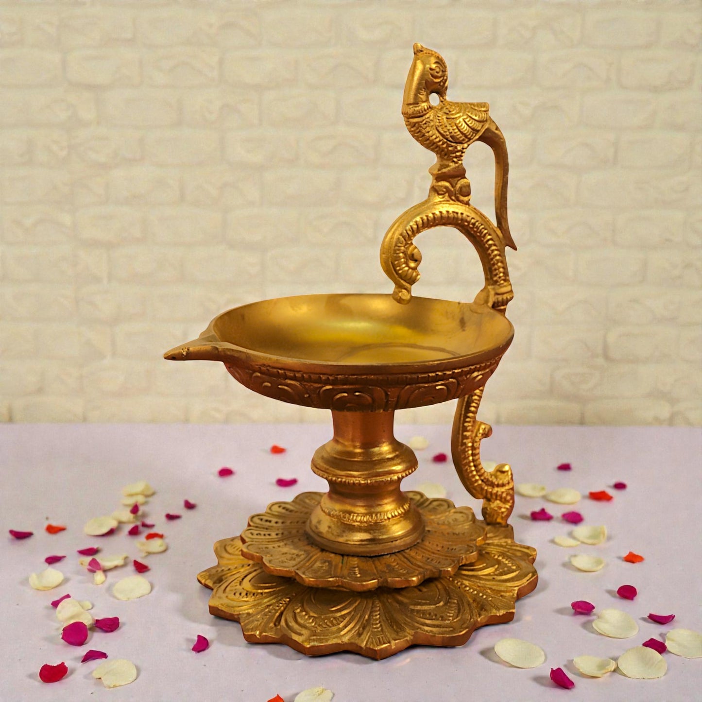 Brass Parrot Lamp With Flower Base – Decorative Pooja Deepam | Thar Arts & Furniture