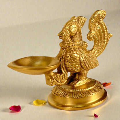 Brass Diya With Standing Bird Arm – Decorative Pooja Lamp