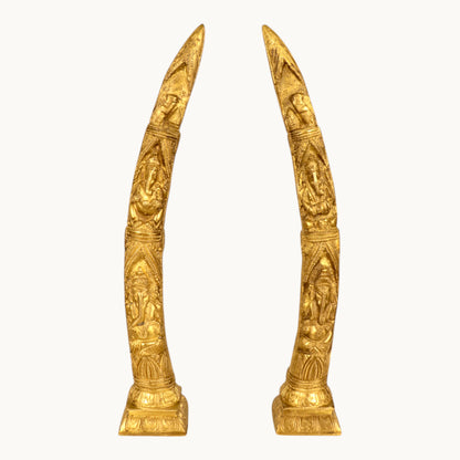 Thar Arts And Furniture - Brass Ganesha Design Elephant Tusk Set