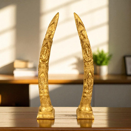 Thar Arts And Furniture - Brass Ganesha Design Elephant Tusk Set