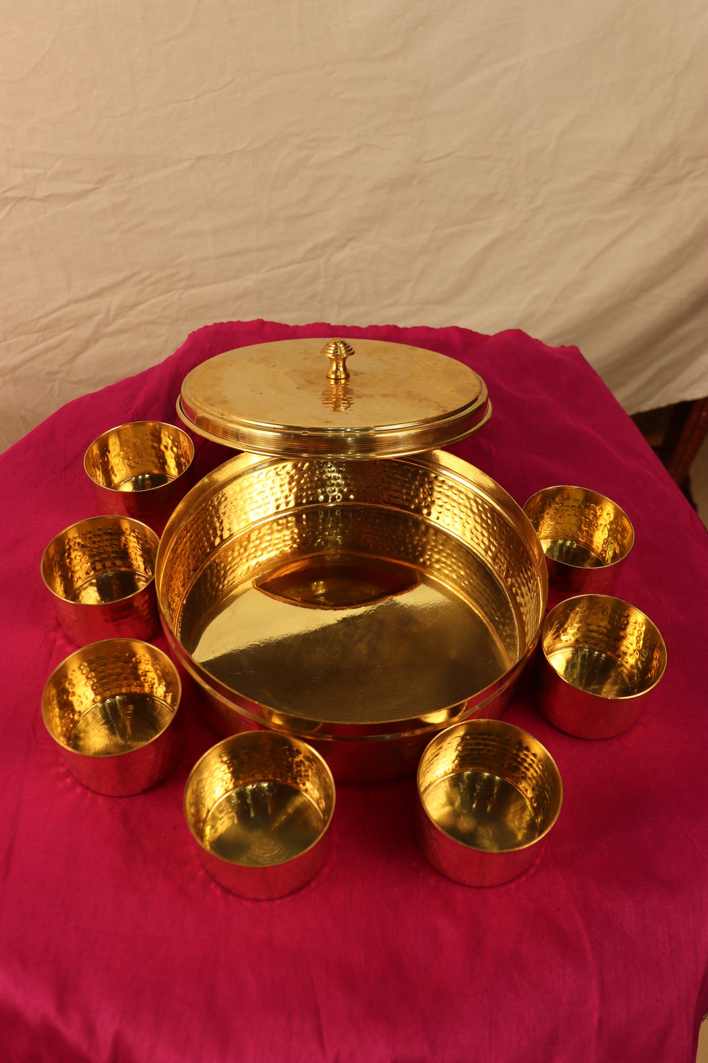 Handcrafted Brass Masala Daani Spice Box – 7-Container Hammered Finish, 8 Inch, Traditional Indian Kitchen Organizer