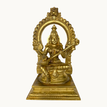 Handcrafted Brass Saraswati Statue with Arch | Premium Solid Brass Goddess Idol for Home Temple