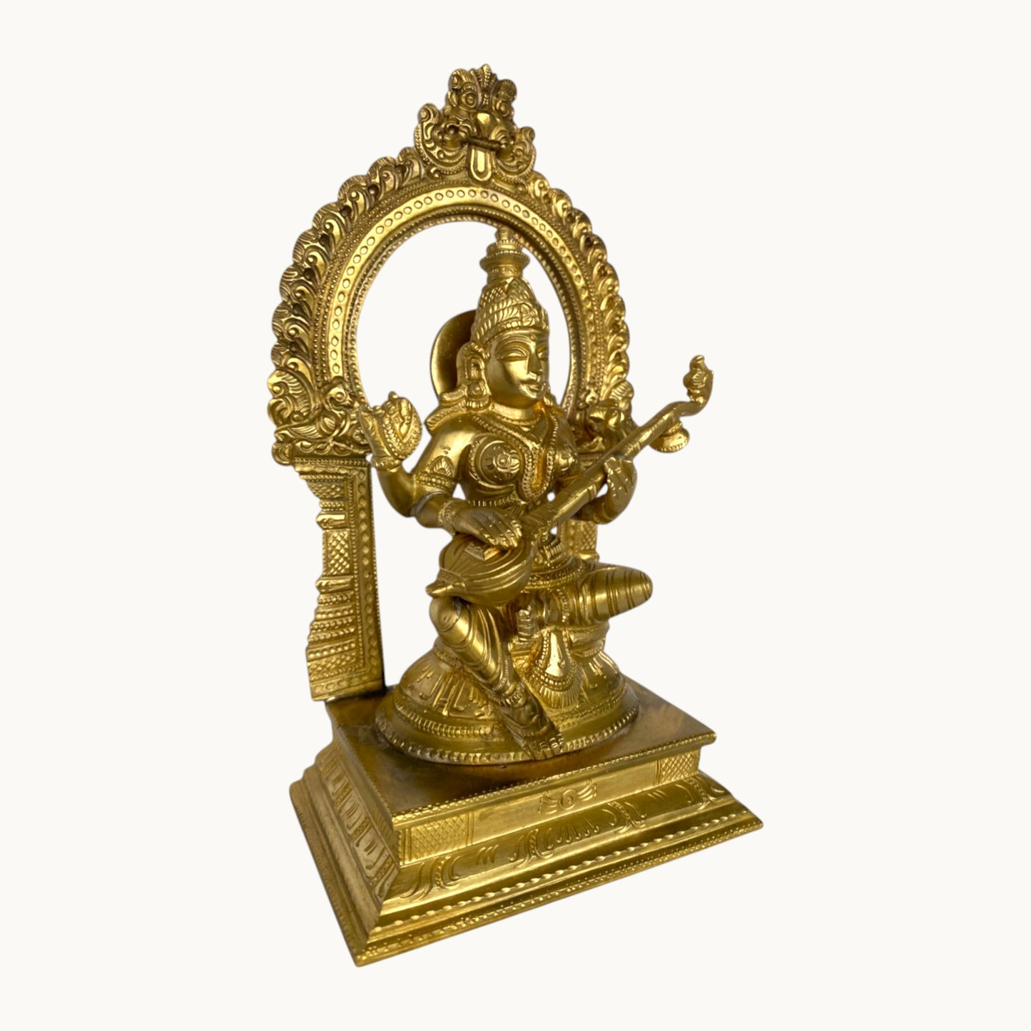 Handcrafted Brass Saraswati Statue with Arch | Premium Solid Brass Goddess Idol for Home Temple