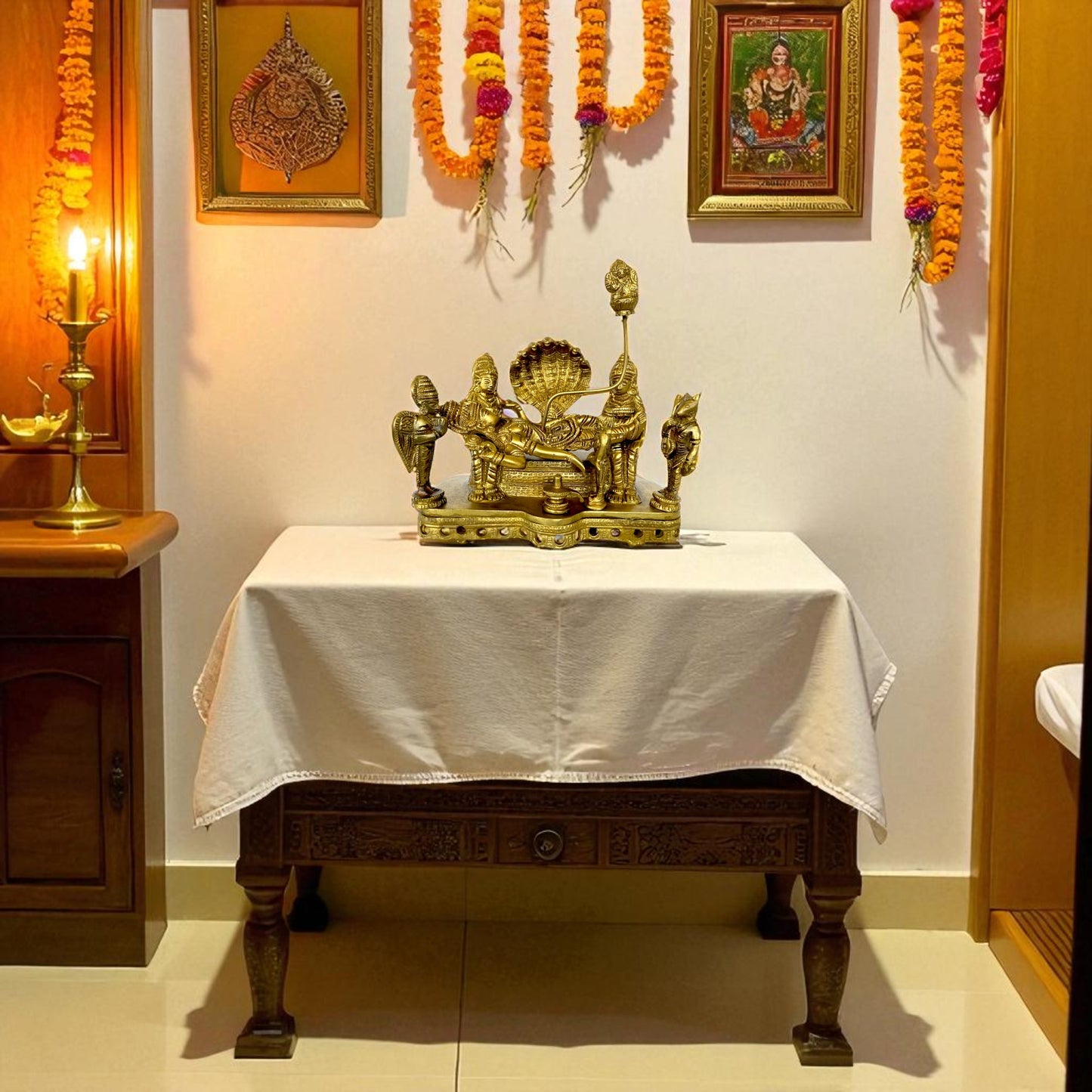 Thar Arts And Furniture - Brass Lord Vishnu Idol |Brass Padmanabhaswamy Idol | Brass Lord Vishnu Resting on Sheshnaag |Decorative Brass idol of vishnu |