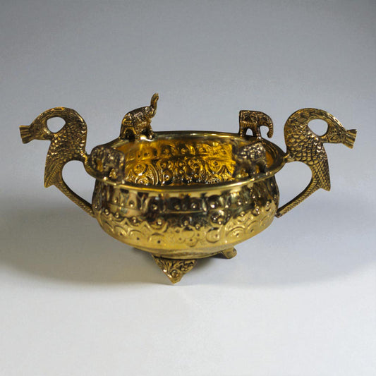 Handcrafted Brass Elephant & Peacock Handle Urli Bowl – Majestic Decorative Bowl for Festive Home, Wedding, and Temple Centerpieces