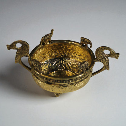 Handcrafted Brass Elephant & Peacock Handle Urli Bowl – Majestic Decorative Bowl for Festive Home, Wedding, and Temple Centerpieces