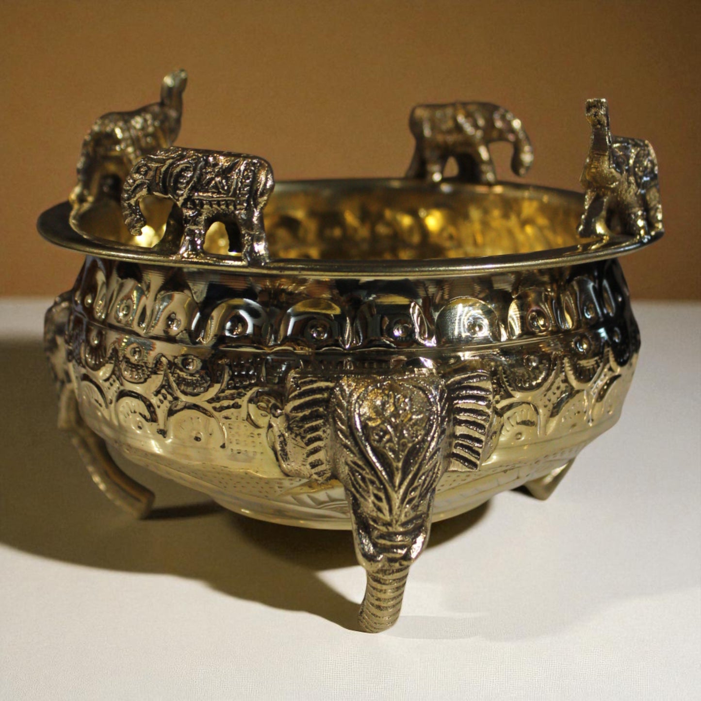 Handcrafted Brass Elephant Motif Urli Bowl – Traditional Decorative Centerpiece with Elephant Legs for Floating Flowers and Pooja Decor