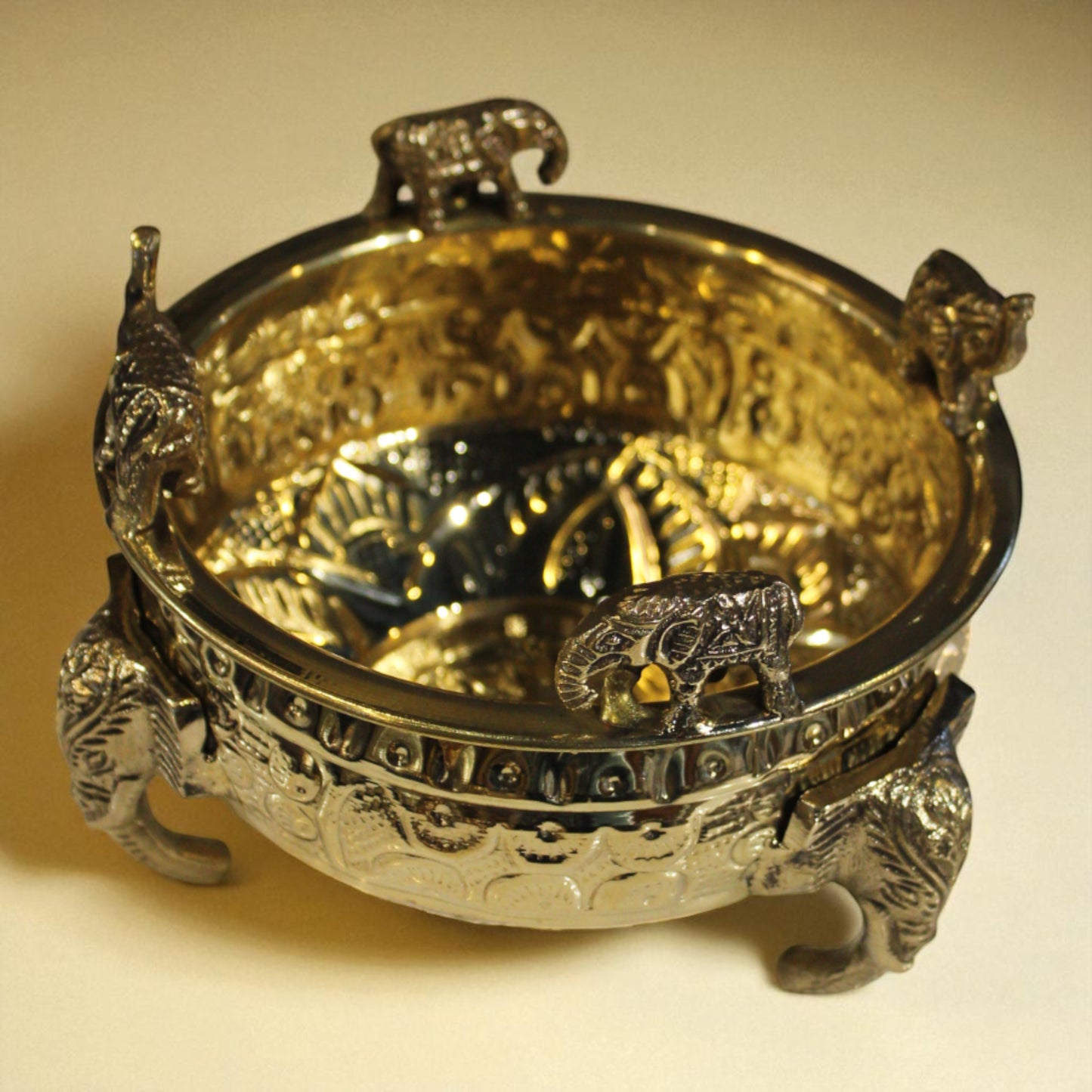 Handcrafted Brass Elephant Motif Urli Bowl – Traditional Decorative Centerpiece with Elephant Legs for Floating Flowers and Pooja Decor