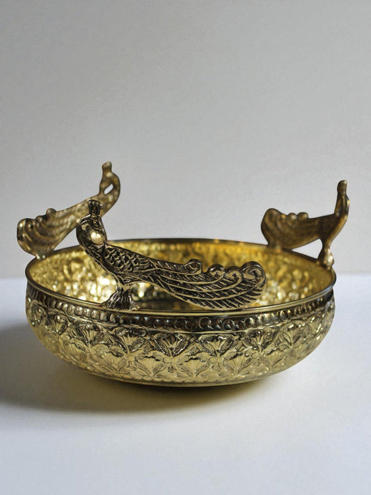 Handcrafted Brass Urli Bowl with Peacock – Unique Traditional Decor for Festive Home Accents and Table Centerpieces