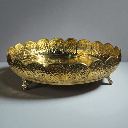 Brass Handmade Round Floral Serving Tray – Ornate Golden Platter for Festive Gifting, Bhog, Aarti, and Elegant Decor