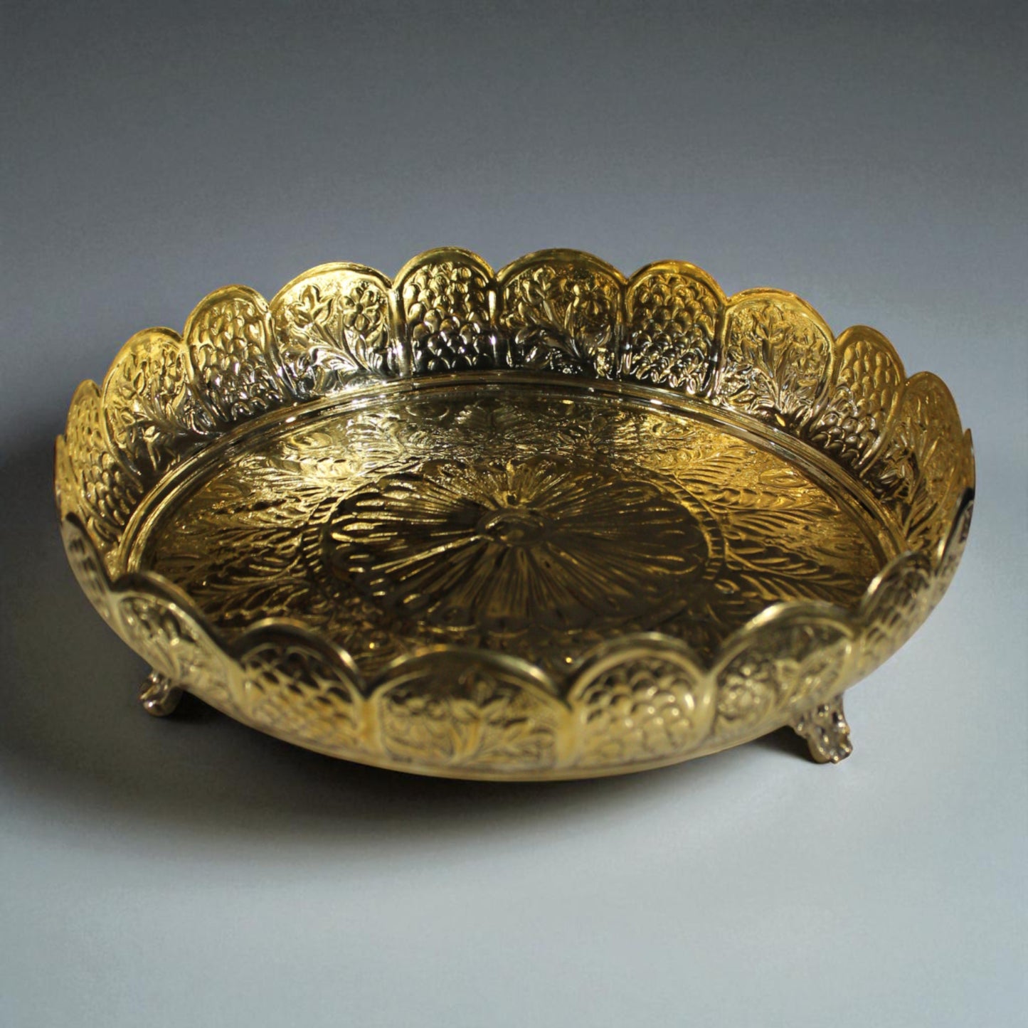 Brass Handmade Round Floral Serving Tray – Ornate Golden Platter for Festive Gifting, Bhog, Aarti, and Elegant Decor