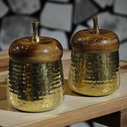 Premium Brass Canister Jars with Wooden Lids – Set of 2, Hammered Design, Vintage Airtight Storage/Tea/Coffee/Sugar Containers