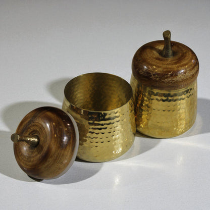 Premium Brass Canister Jars with Wooden Lids – Set of 2, Hammered Design, Vintage Airtight Storage/Tea/Coffee/Sugar Containers