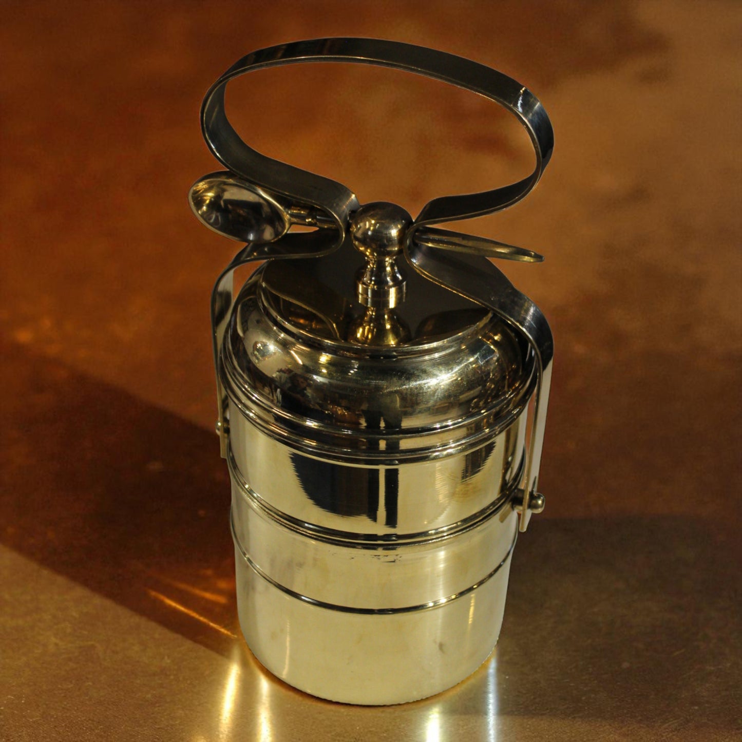 Golden Brass Hammered Lunch Box – 3 Compartment Indian Food Tiffin Carrier