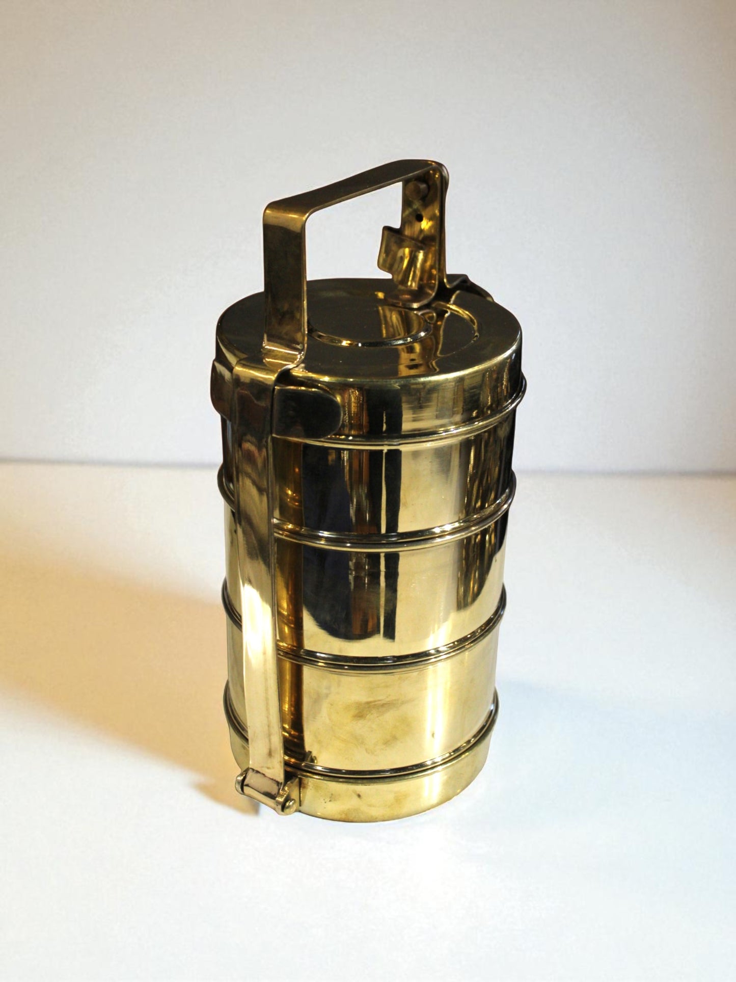 Handcrafted Brass Hammered Tiffin Lunch Box – 3 Tier Vintage Indian Carrier 11"