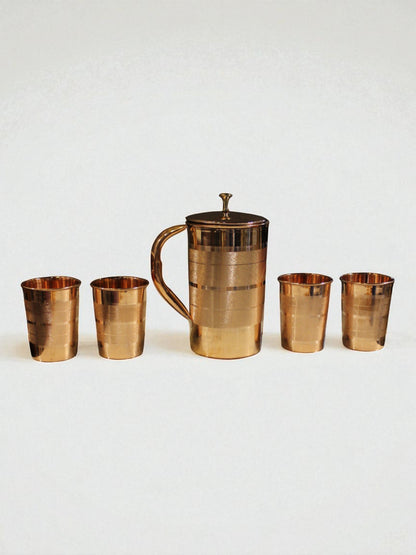 Pure Copper Jug with 4 Glasses Set – Ayurvedic Water Pitcher and Tumbler Combo for Healthy Hydration and Elegant Serving