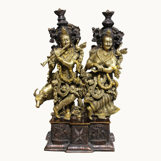 Brass Radha Krishna Idol with Cow – Ornate Base Design | Thar Arts & Furniture