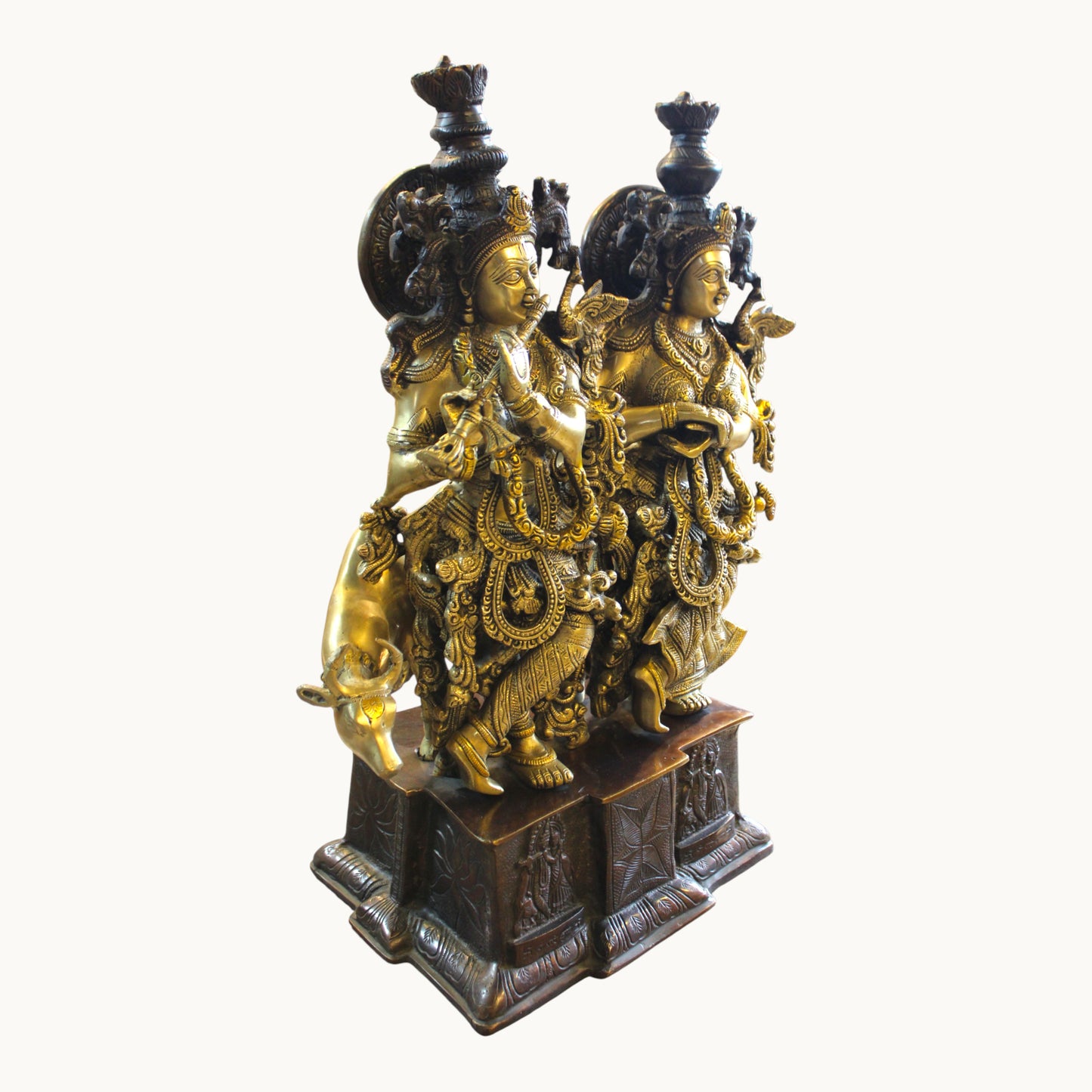 Brass Radha Krishna Idol with Cow – Ornate Base Design | Thar Arts & Furniture