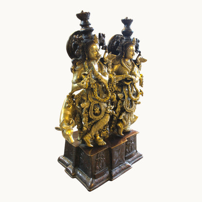 Brass Radha Krishna Idol with Cow – Ornate Base Design | Thar Arts & Furniture