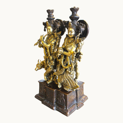 Brass Radha Krishna Idol with Cow – Ornate Base Design | Thar Arts & Furniture