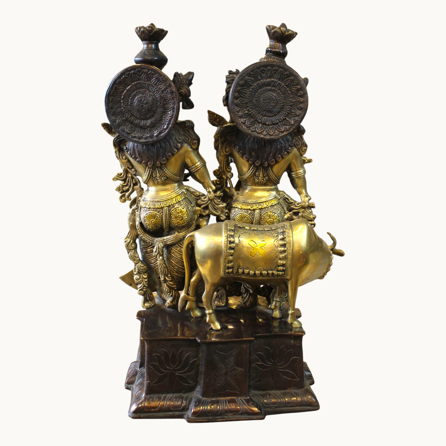 Brass Radha Krishna Idol with Cow – Ornate Base Design | Thar Arts & Furniture