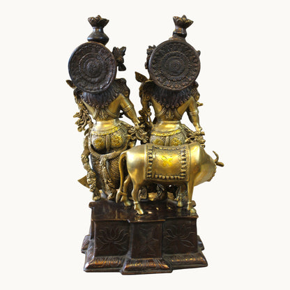 Brass Radha Krishna Idol with Cow – Ornate Base Design | Thar Arts & Furniture