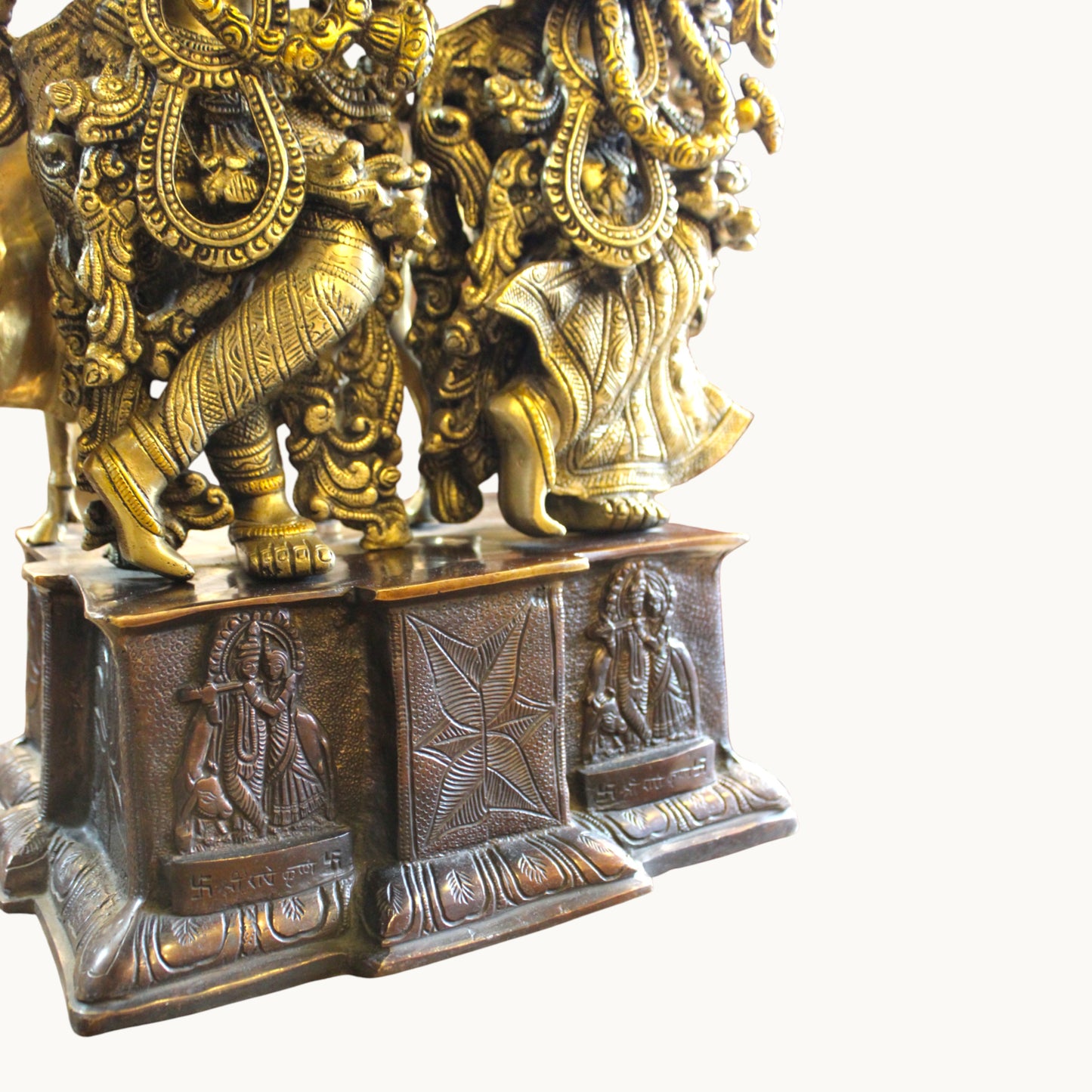 Brass Radha Krishna Idol with Cow – Ornate Base Design | Thar Arts & Furniture
