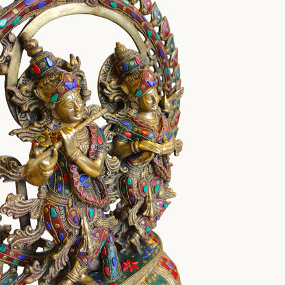 Brass Radha Krishna Idol with Stone Work – Divine Home Temple Decor | Thar Arts & Furniture