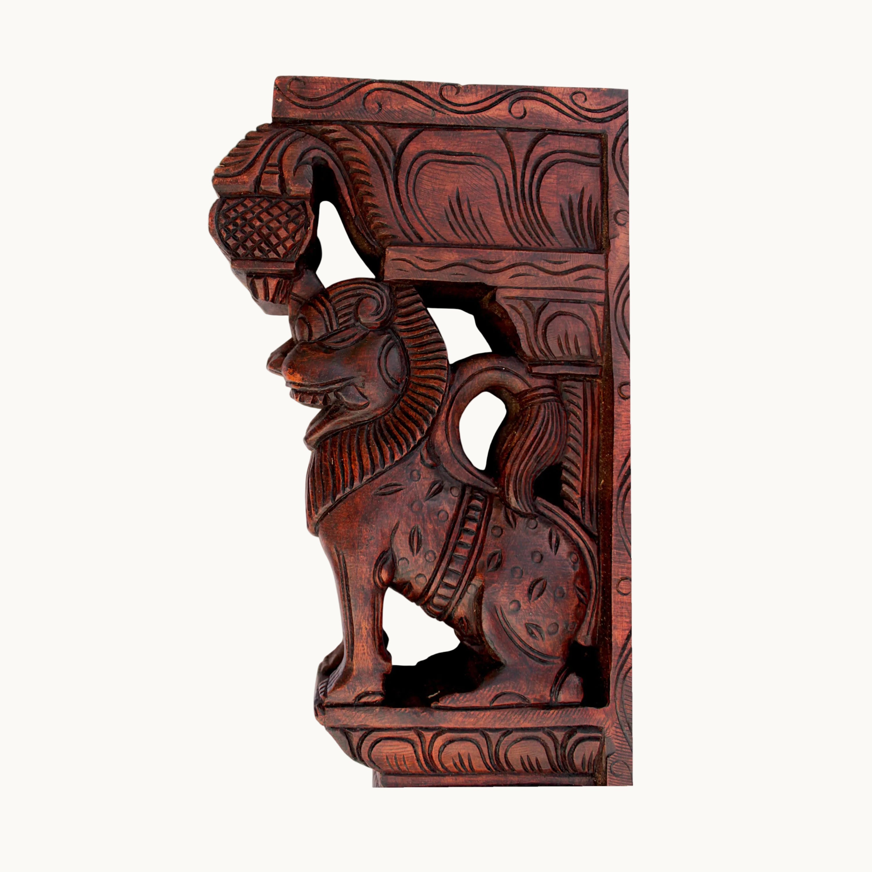 Handcrafted Wooden Yali Carving Wall Bracket – Traditional Temple