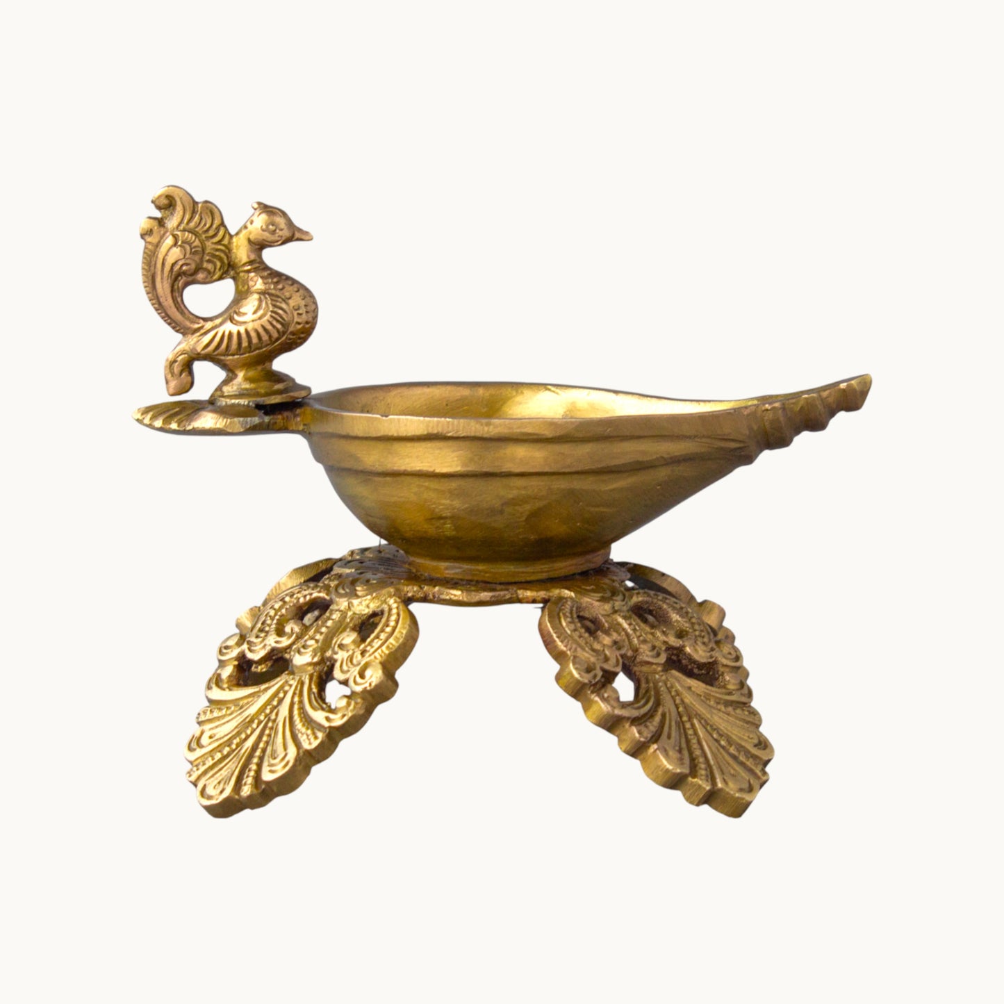 Brass Peacock Deepam on Leaf Base – Traditional Brass Diya for Pooja