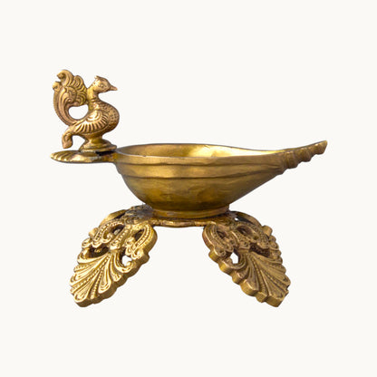 Brass Peacock Deepam on Leaf Base – Traditional Brass Diya for Pooja