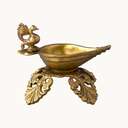Brass Peacock Deepam on Leaf Base – Traditional Brass Diya for Pooja