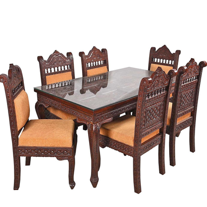 Handcrafted Royal Wooden Dining Table Set with Intricate Carvings – Glass Top, 6 Seater | Thar Arts & Furniture