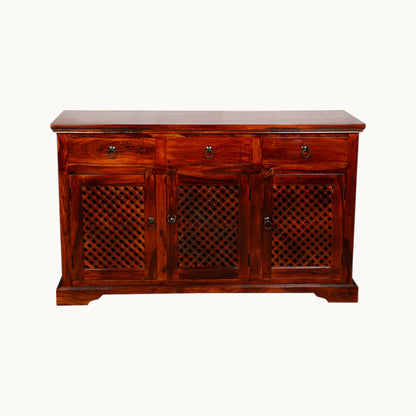 Thar Arts And Furniture - Solid Sheesham wood Side board with 3 Door Storage Cabinet and 3 Storage Drawers, Honey Finish