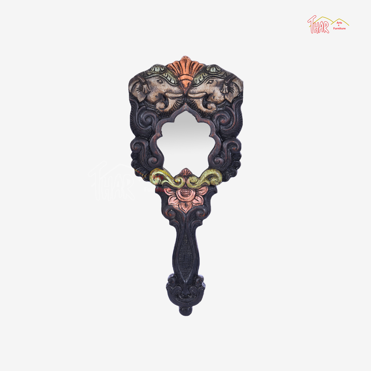Thar Arts and Furniture - Wooden Hand Carved Hand Mirror with Elephant Design