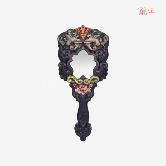 Thar Arts and Furniture - Wooden Hand Carved Hand Mirror with Elephant Design