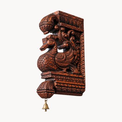 16" Handcrafted Wooden Peacock Wall Bracket with Brass Bell – Traditional Carved Corbel
