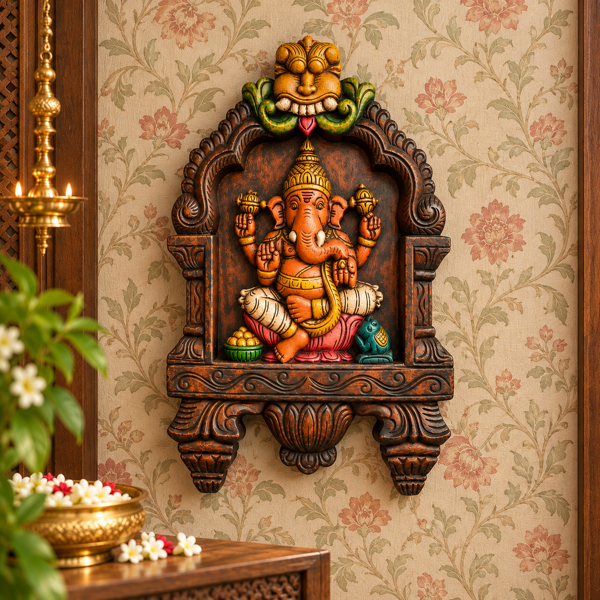 Handcrafted Painted Wooden Ganesha Kavadi – Traditional Wall Décor