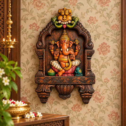 Handcrafted Painted Wooden Ganesha Kavadi – Traditional Wall Décor